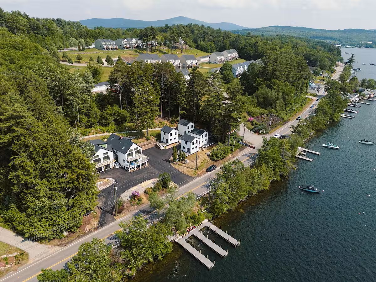 Aerial view of the Bully's Bay compound, waterfront, and docks